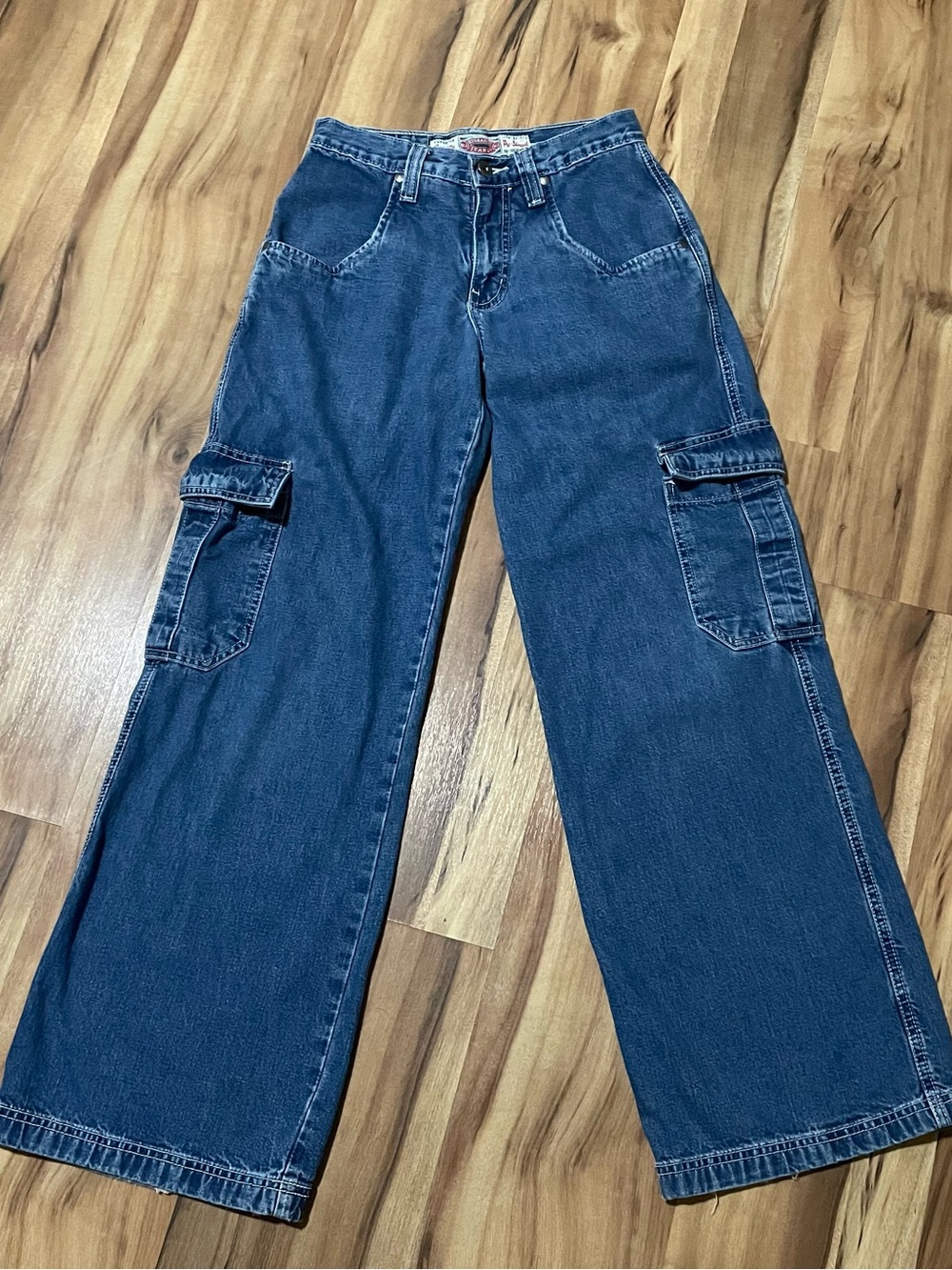 Vintage Hydraulic Wide Leg Cargo Jeans 90s Stonewash Utility Denim 1/2 3969